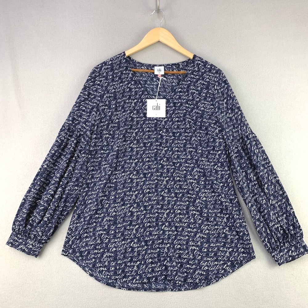 Cabi I Love You Blouse Women Medium Navy Blue Script V-Neck Long Sleeve NWT